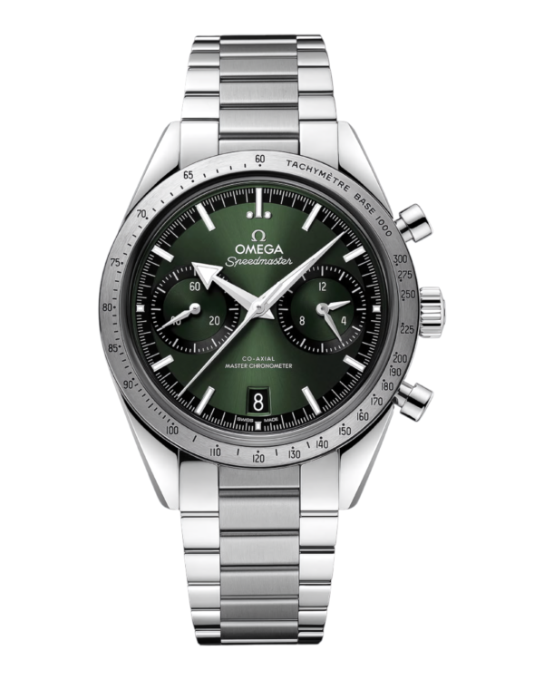 OM37 Omega Speedmaster 57 Verde: esfera verde con dos subesferas negras, aro plateado con escala y pulsera de eslabones