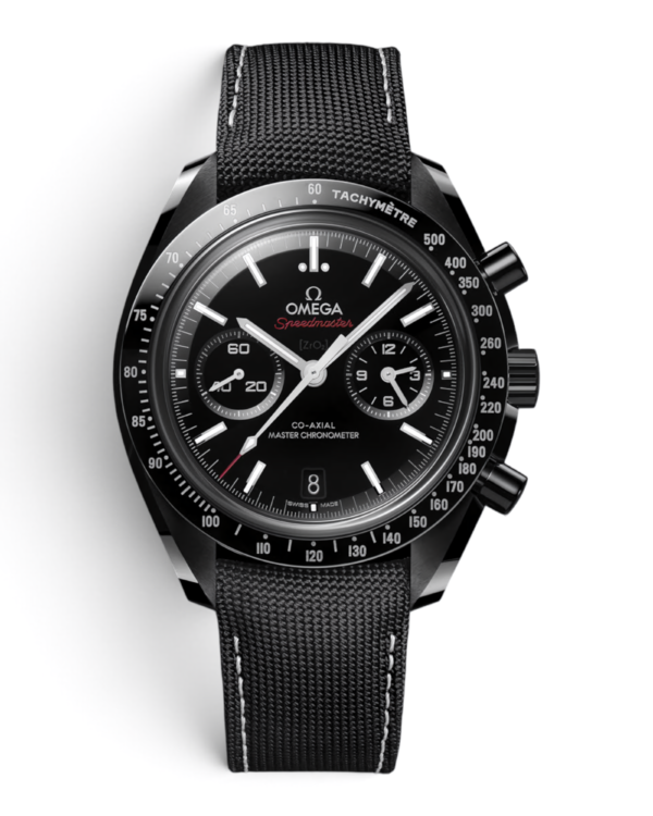 OM46 Omega Speedmaster Dark Side: esfera negra con dos subesferas, caja negra y correa negra con costuras claras