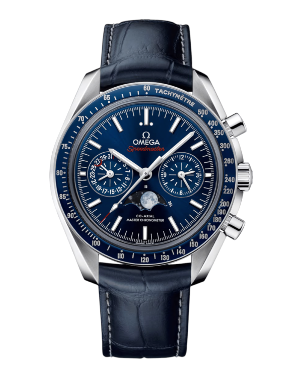 OM44 Omega Speedmaster Moonphase Azul: esfera azul con luna a las 6, dos subesferas, bisel azul y correa azul con textura