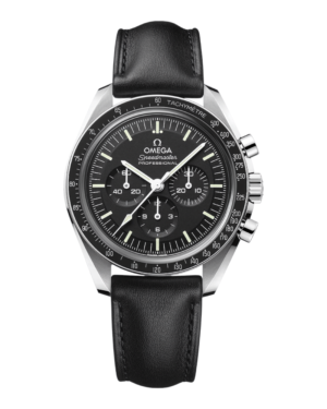 Omega Speedmaster Moonwatch Negro: esfera negra con tres subesferas, bisel negro con escala y correa negra