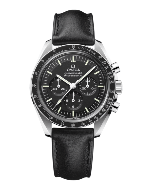 Omega Speedmaster Moonwatch Negro: esfera negra con tres subesferas, bisel negro con escala y correa negra