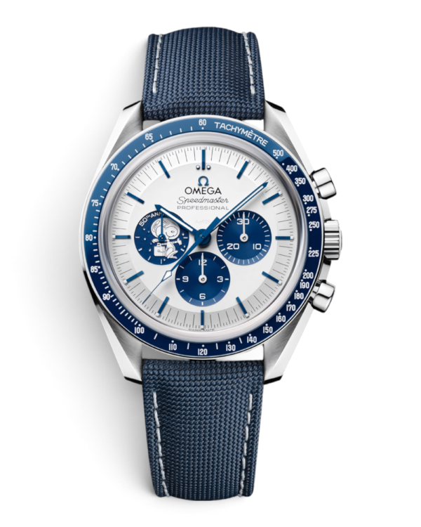 OM41 Omega Speedmaster Snoopy: esfera blanca con subesferas azules, Snoopy en la subesfera de las 9 y correa azul