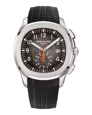 PAT.23 Patek Philippe Aquanaut Cronógrafo Negro: esfera oscura con cuadrícula, subesfera y aguja naranja, y correa negra con patrón