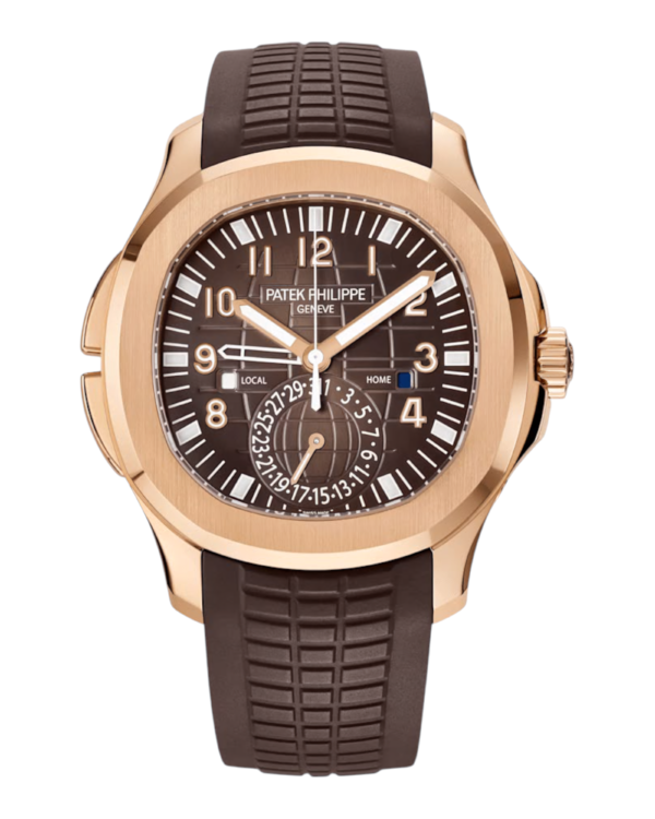 Patek Philippe Aquanaut Marrón: esfera marrón con inscripciones Local y Home, escala de fechas, caja rosegold y correa marrón