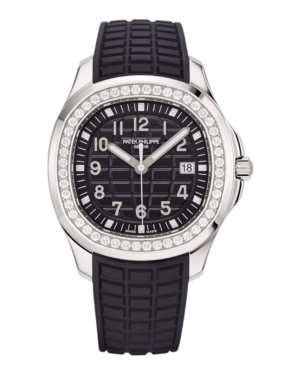 PAT.22 Patek Philippe Aquanaut Negro Brillos: esfera negra con cuadrícula en relieve, bisel con piedras brillantes y correa negra con patrón