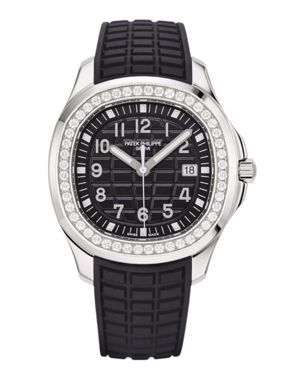 Patek Philippe Aquanaut Negro Brillos: esfera negra con cuadrícula en relieve, bisel con piedras brillantes y correa negra con patrón