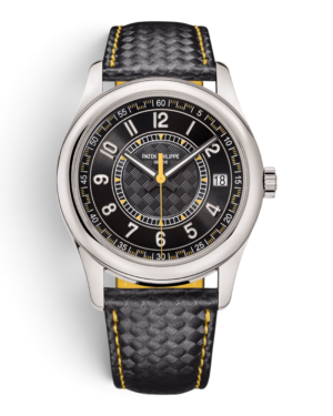 PAT.12 Patek Philippe Calatrava 6007G-001 Amarillo: esfera negra con números arábigos y detalles amarillos, aguja central amarilla y correa negra trenzada