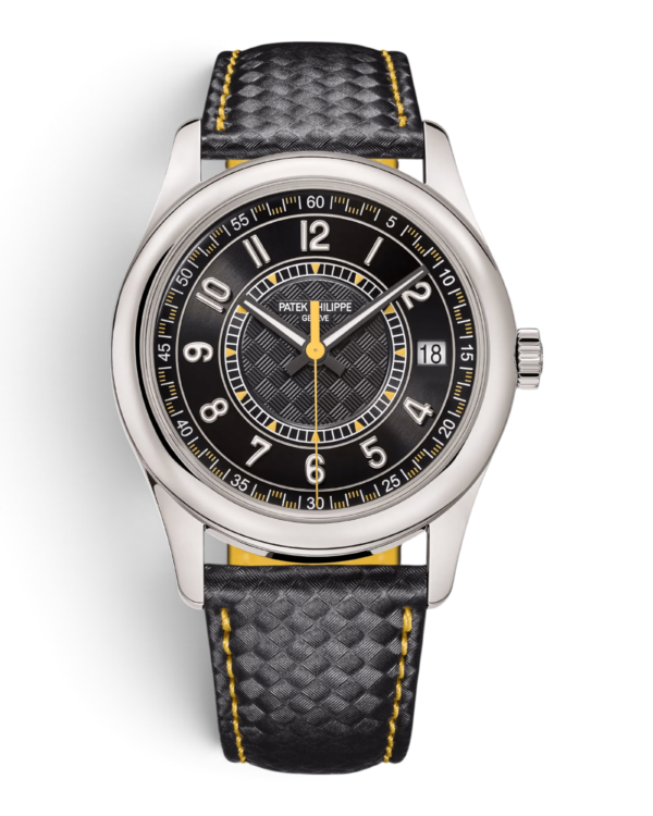 Patek Philippe Calatrava 6007G-001 Amarillo: esfera negra con números arábigos y detalles amarillos, aguja central amarilla y correa negra trenzada