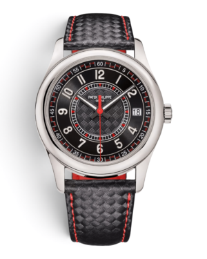PAT.10 Patek Philippe Calatrava 6007G-010 Negro: esfera negra con números arábigos y detalles rojos, aguja central roja y correa negra con costuras rojas