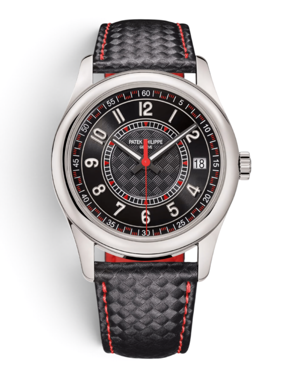 Patek Philippe Calatrava 6007G-010 Negro: esfera negra con números arábigos y detalles rojos, aguja central roja y correa negra con costuras rojas