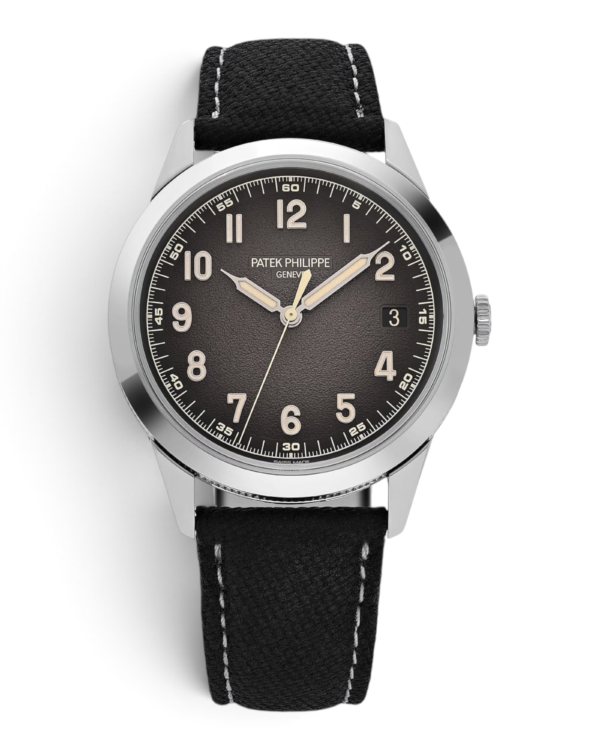 PAT.11 Patek Philippe Calatrava Negro: esfera gris oscuro con números arábigos y correa negra con costuras claras