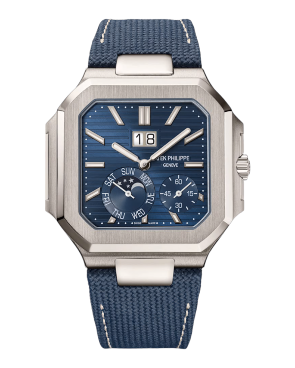 PAT.25 Patek Philippe Cubitus Azul: esfera azul con fecha grande arriba, subesferas de luna y minutos, caja cuadrada y correa azul