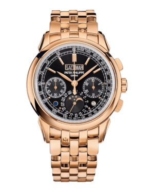 PAT.7 Patek Philippe Grand Complications Rosegold: esfera negra con subesferas, ventanas de día y mes, luna y pulsera rosegold