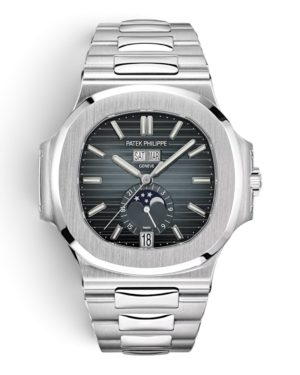 PAT.37 Patek Philippe Nautilus 5726/1A-014: esfera gris azulada con líneas horizontales, ventanas de día y mes, luna y pulsera integrada plateada