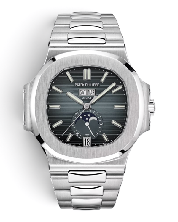 Patek Philippe Nautilus 5726/1A-014: esfera gris azulada con líneas horizontales, ventanas de día y mes, luna y pulsera integrada plateada