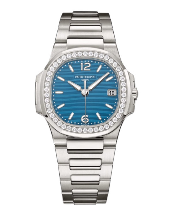 PAT.13 Patek Philippe Nautilus Celeste Brillos: esfera celeste con líneas horizontales, bisel con piedras brillantes y pulsera integrada