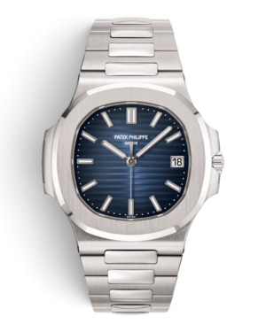 PAT.32 Patek Philippe Nautilus Plateado Azul: esfera azul con degradé y líneas horizontales, bisel liso y pulsera integrada plateada