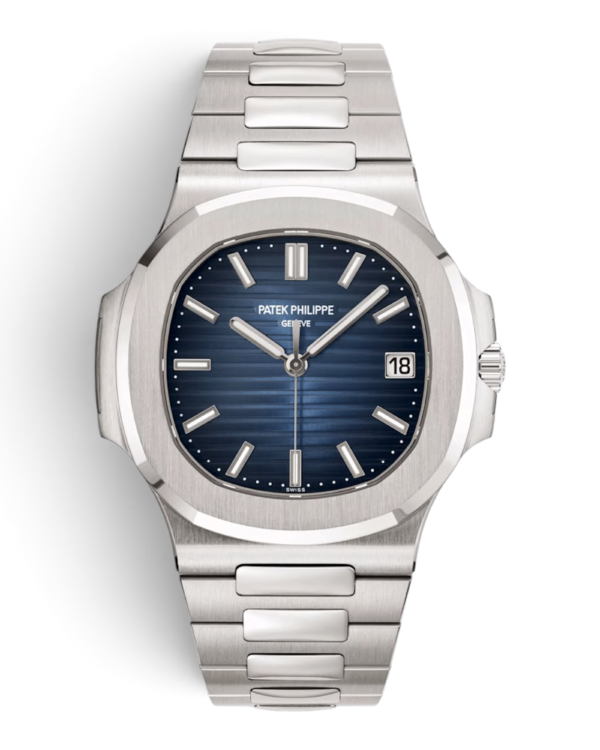 PAT.32 Patek Philippe Nautilus Plateado Azul: esfera azul con degradé y líneas horizontales, bisel liso y pulsera integrada plateada