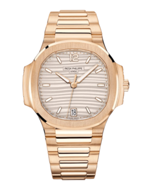 Patek Philippe Nautilus Rosegold: esfera blanca con líneas horizontales, bisel liso y pulsera integrada rosegold