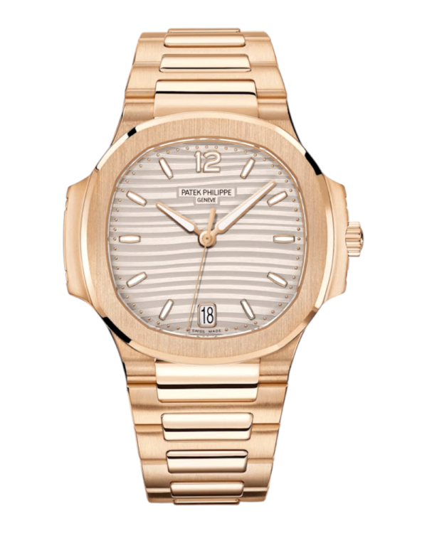 Patek Philippe Nautilus Rosegold: esfera blanca con líneas horizontales, bisel liso y pulsera integrada rosegold