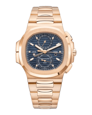 Patek Philippe Nautilus Rosegold Azul: esfera azul con inscripciones Local y Home, subesferas, y pulsera integrada rosegold