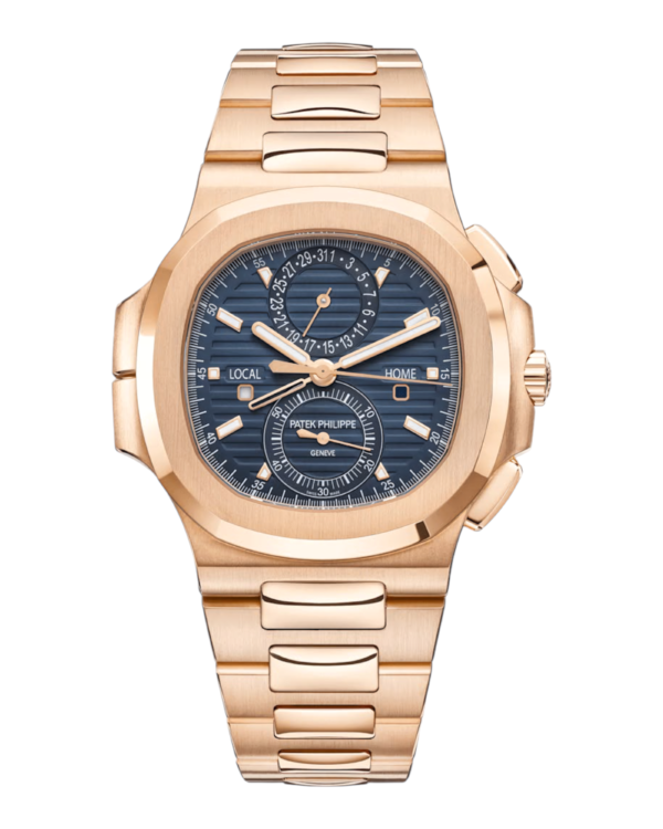 Patek Philippe Nautilus Rosegold Azul: esfera azul con inscripciones Local y Home, subesferas, y pulsera integrada rosegold