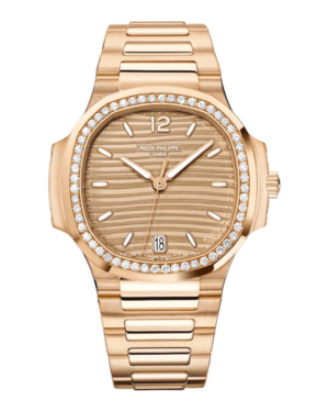 Patek Philippe Nautilus Rosegold Brillos: esfera champán con líneas horizontales, bisel con piedras brillantes y pulsera integrada rosegold