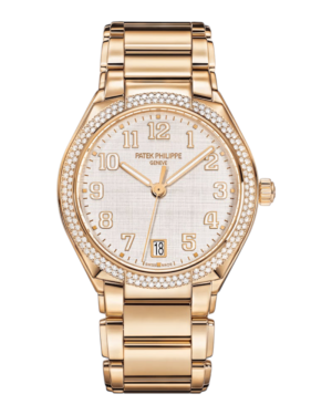 Patek Philippe Twenty~4 Dorado: esfera blanca con textura de tejido, números arábigos, bisel con brillos y pulsera dorada