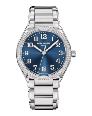 Patek Philippe Twenty~4 Plateado Azul: esfera azul con números arábigos, bisel con doble hilera de brillos y pulsera de eslabones curvos