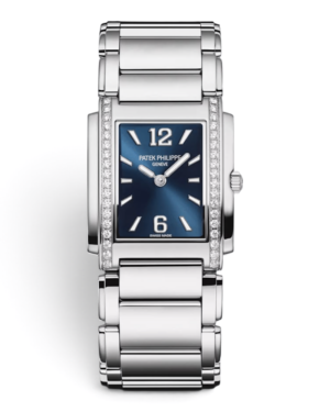 Patek Philippe Twenty~4 Rectangular Azul: esfera azul rectangular con números 12 y 6, costados con piedras brillantes y pulsera de eslabones