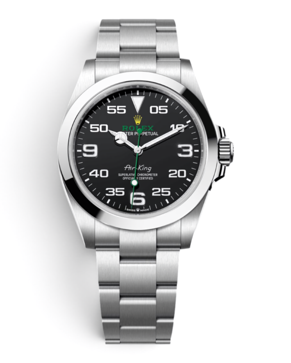 ROL25 Rolex Air King 40: esfera negra con escala de minutos, números 3, 6 y 9 y aguja verde