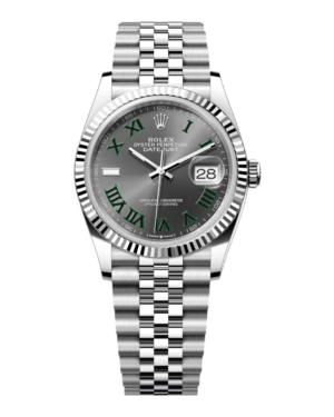 ROL14 Rolex Datejust 36 Wimbledon: esfera gris oscuro con números romanos verdes, bisel estriado y pulsera Jubilee