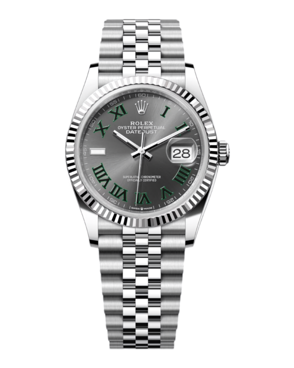 ROL14 Rolex Datejust 36 Wimbledon: esfera gris oscuro con números romanos verdes, bisel estriado y pulsera Jubilee