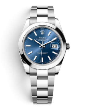 20 Rolex Datejust 41 Azul: esfera azul con índices de barra, bisel liso y pulsera de tres eslabones