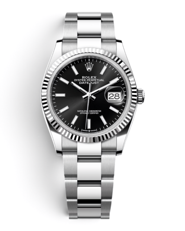 ROL24 Rolex Datejust 41 Negro: esfera negra con índices de barra, bisel estriado y pulsera de tres eslabones