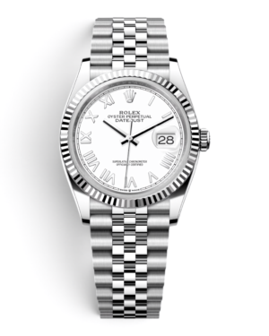 ROL11 Rolex Datejust 41 Plateado: esfera blanca con números romanos, bisel estriado y pulsera Jubilee