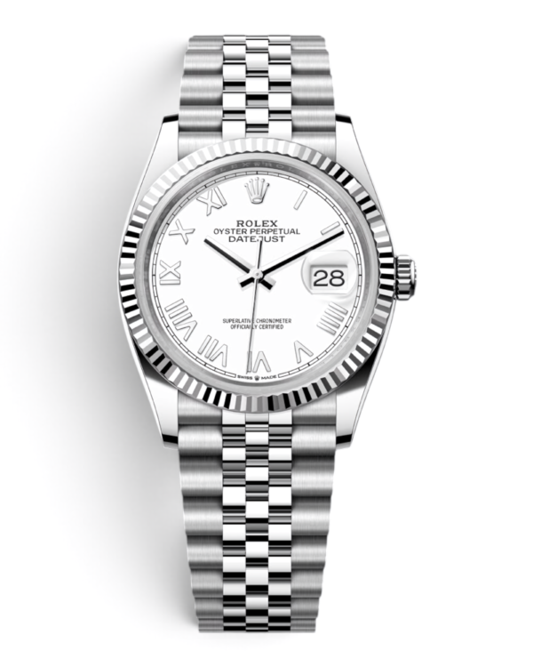 ROL11 Rolex Datejust 41 Plateado: esfera blanca con números romanos, bisel estriado y pulsera Jubilee