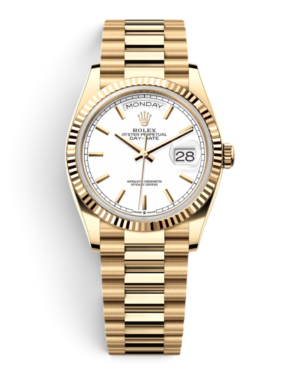 ROL4 Rolex Day-Date 36 Dorado: esfera blanca con índices dorados, bisel estriado y pulsera President dorada