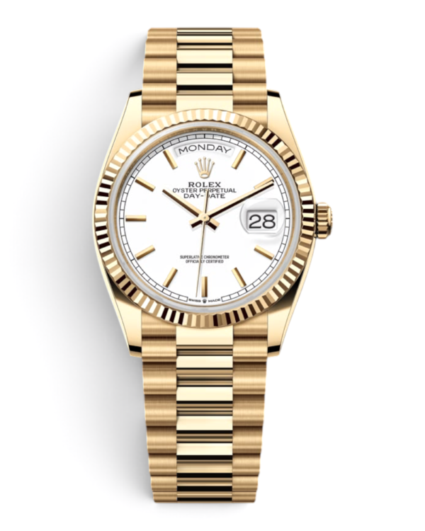 ROL4 Rolex Day-Date 36 Dorado: esfera blanca con índices dorados, bisel estriado y pulsera President dorada