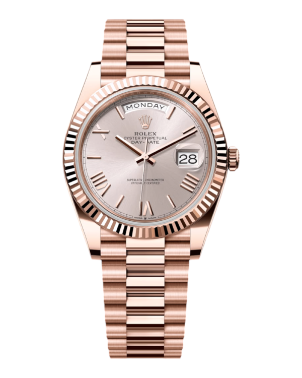 Rolex Day-Date 40 Rosegold: esfera rosada con números romanos, bisel estriado y pulsera President rosegold