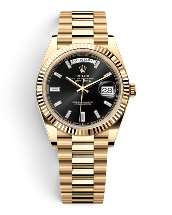 Rolex Day-Date Dorado Negro: esfera negra con índices baguette brillantes, bisel estriado dorado y pulsera President