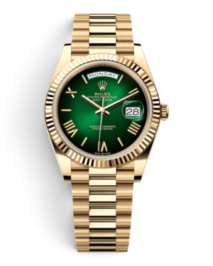 Rolex Day-Date Dorado Verde: esfera verde degradada con números romanos, bisel estriado y pulsera dorada