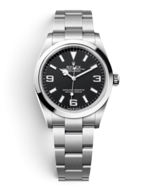 Rolex Explorer 36 Negro: esfera negra con números 3, 6 y 9, índices de barra y pulsera de tres eslabones