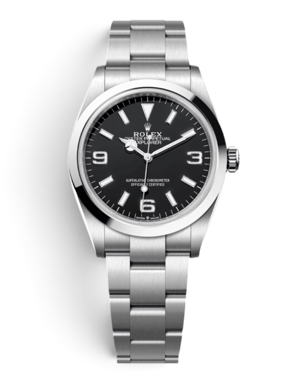Rolex Explorer 36 Negro: esfera negra con números 3, 6 y 9, índices de barra y pulsera de tres eslabones