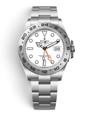 Rolex Explorer II Plateado: esfera blanca con aguja naranja, bisel fijo con escala de 24 horas y pulsera de tres eslabones