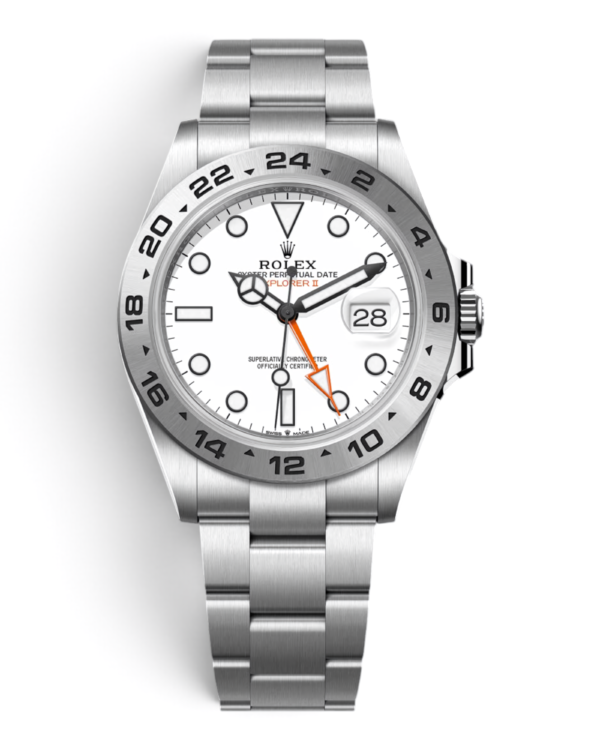 Rolex Explorer II Plateado: esfera blanca con aguja naranja, bisel fijo con escala de 24 horas y pulsera de tres eslabones