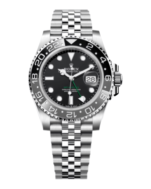 Rolex GMT-Master Bruce Wayne: bisel gris y negro, esfera negra con aguja verde y pulsera estilo Jubilee