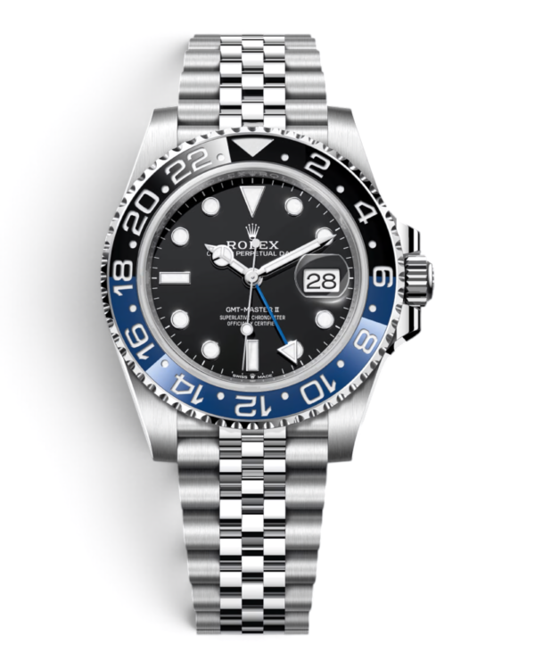 ROL10 Rolex GMT-Master II Batgirl: bisel azul y negro, esfera negra y pulsera estilo Jubilee