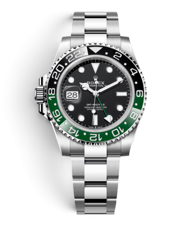 Rolex GMT-Master II Sprite: bisel verde y negro, esfera negra con fecha a las 9 y pulsera de tres eslabones