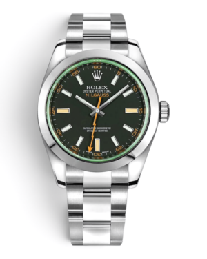 ROL22 Rolex Milgauss Rayo: esfera negra con aguja naranja en forma de rayo, aro verdoso y pulsera de tres eslabones